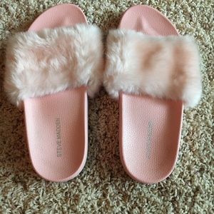 Pink fuzzy slides
